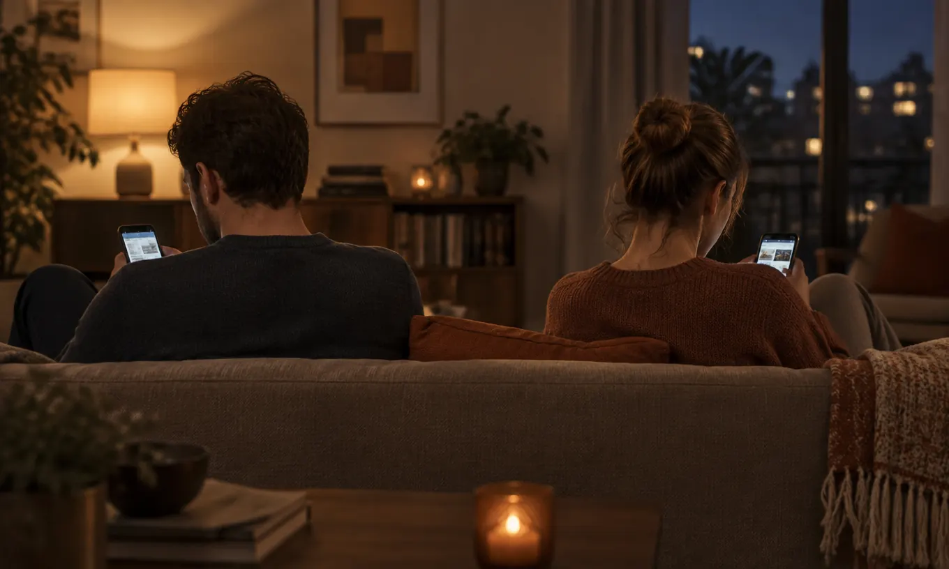Un homme et une femme assis côte à côte sur un canapé le soir, chacun sur son téléphone